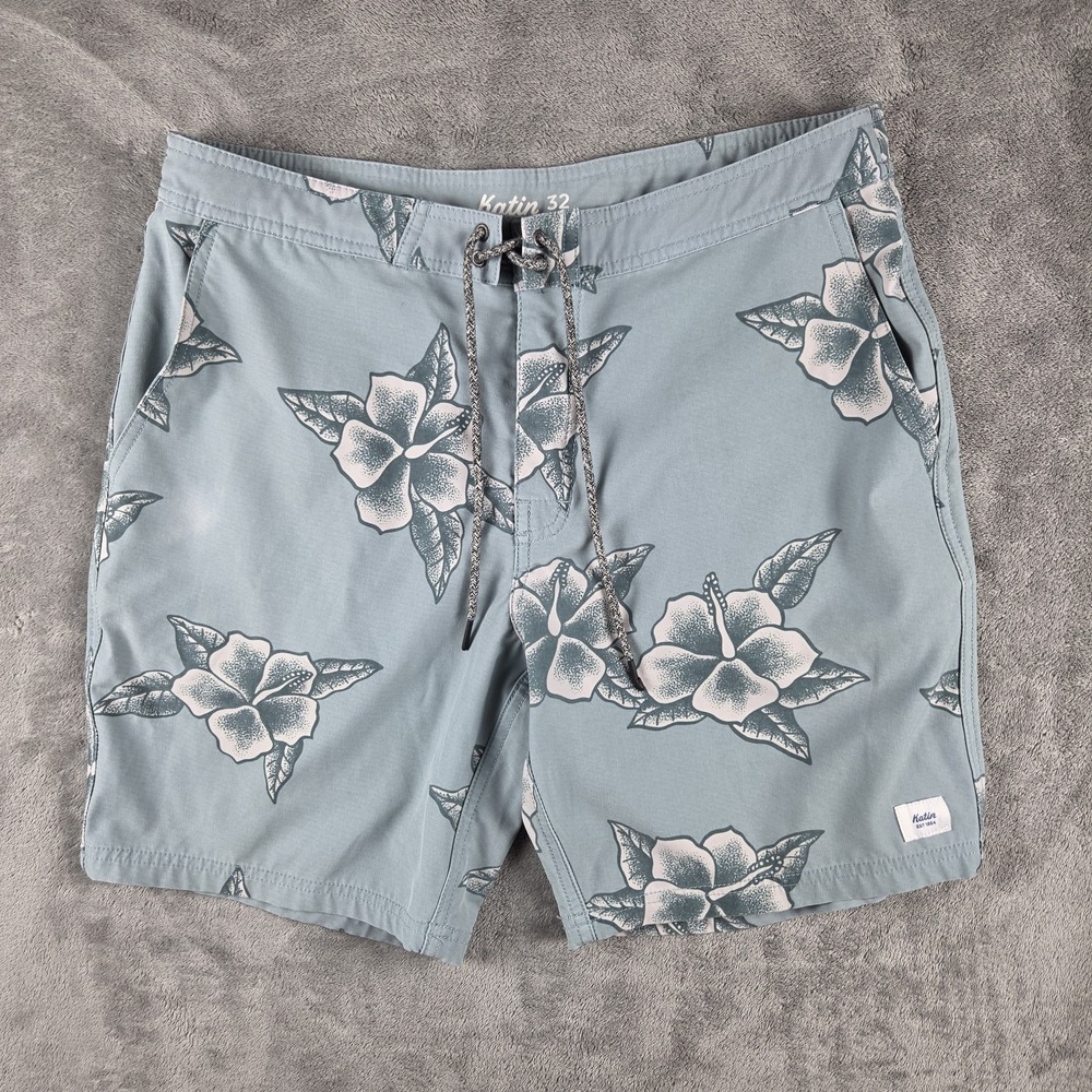 Katin Boards Hibiscus Shorts Men's 33 Drawstring Swim Trunks Floral Light Aqua